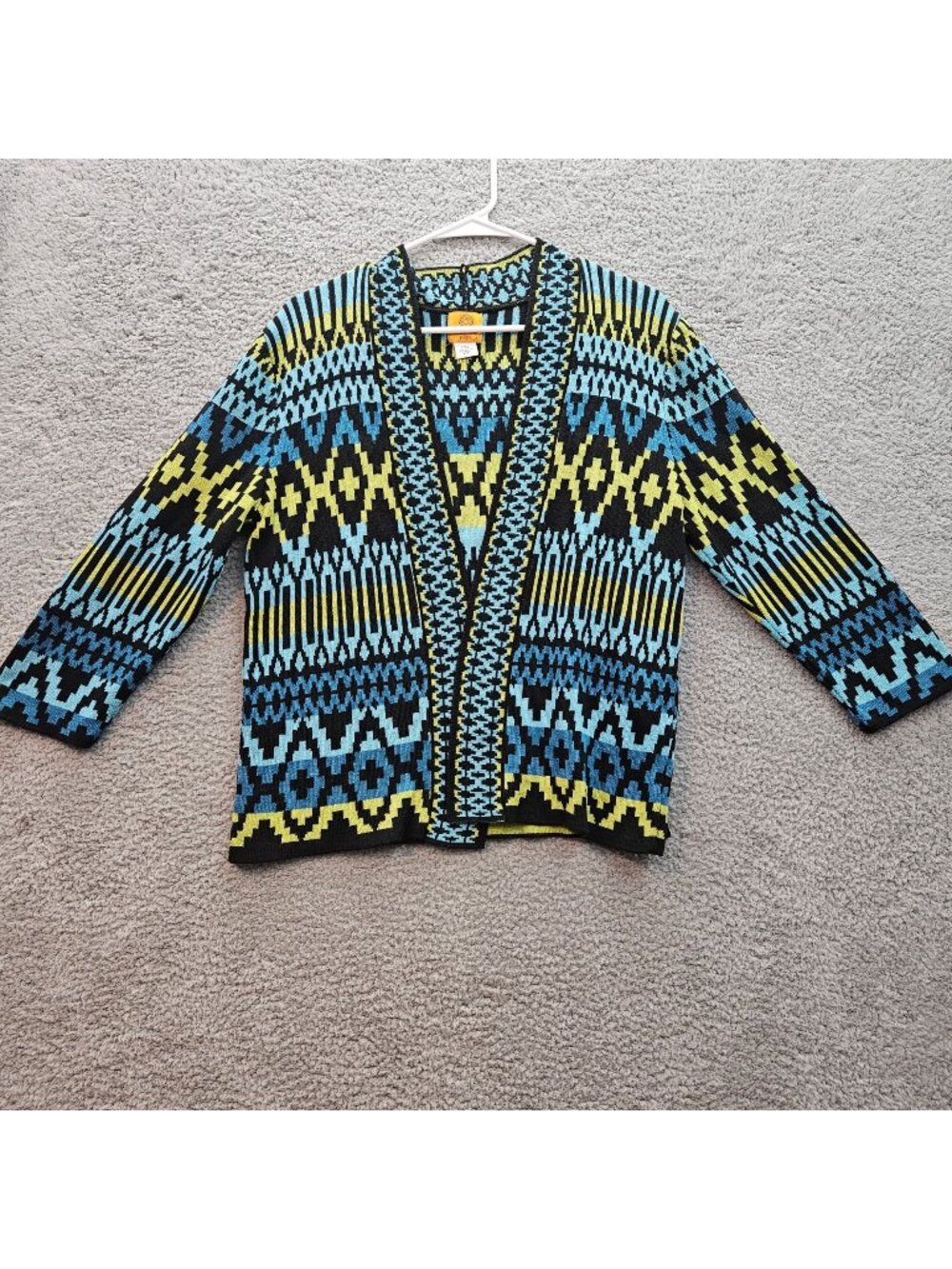Ruby Rd. Petite Womens PXL Open Cardigan Sweater With Bold Geometric green blue - Picture 1 of 5